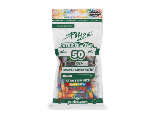 PURIZE® Xtra Slim Size Aktivkohlefilter | 50er Packung | Rainbow